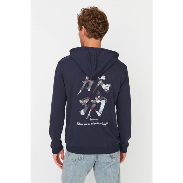 Trendyol Trendyol Navy Men Regular Fit Hooded Back Printed Cotton Sweatshirt