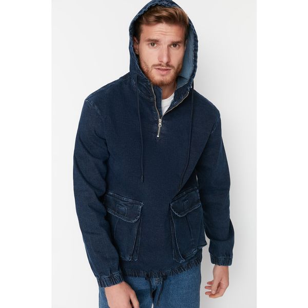 Trendyol Trendyol Navy Men Regular Fit Hooded Denim Sweatshirt