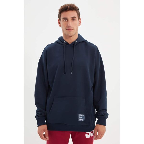 Trendyol Trendyol Navy Men's Hoodie Oversize Slogan Label Sweatshirt