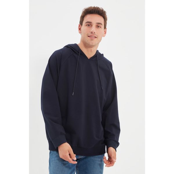 Trendyol Trendyol Navy Men's Oversize Long Sleeve Hooded Striped Sweatshirt