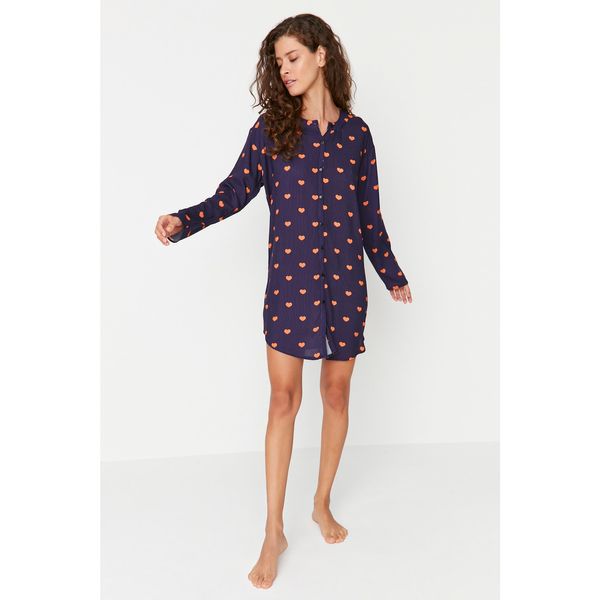 Trendyol Trendyol Navy Striped Heart Printed Viscose Woven Nightgown