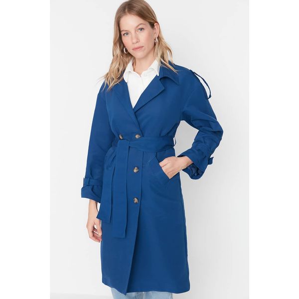 Trendyol Trendyol Navy Wide Cut Oversize Belted Windbreaker Detailed Water Repellent Long Trench Coat