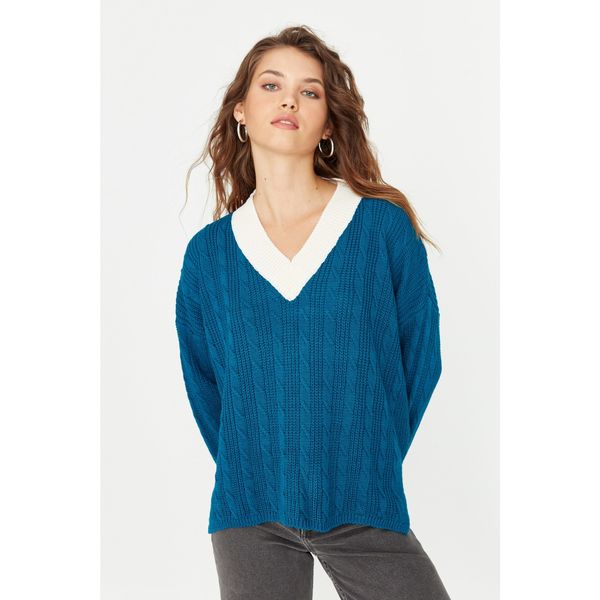 Trendyol Trendyol Oil V-Neck Knit Detailed Oversize Knitwear Sweater