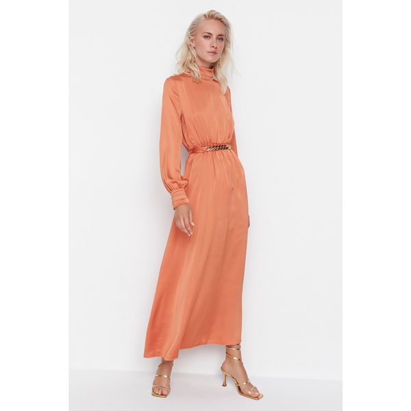 Trendyol Trendyol Orange Belted Collar and Cuff Draped Detailed Woven Hijab Evening Dress