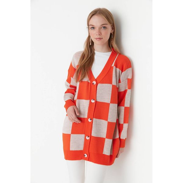 Trendyol Trendyol Orange Checkered Knitwear Cardigan