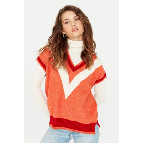 Trendyol Trendyol Orange Color Block V Neck Knitwear Sweater
