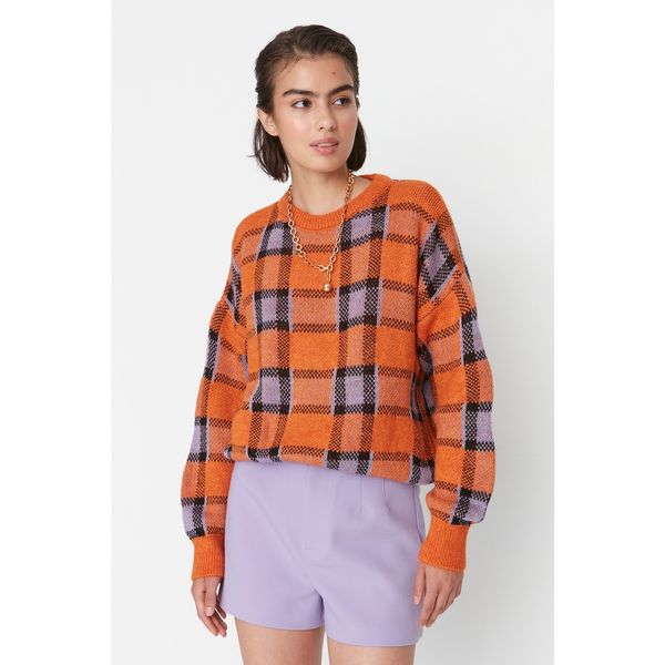 Trendyol Trendyol Orange Oversize Plaid Patterned Knitwear Sweater