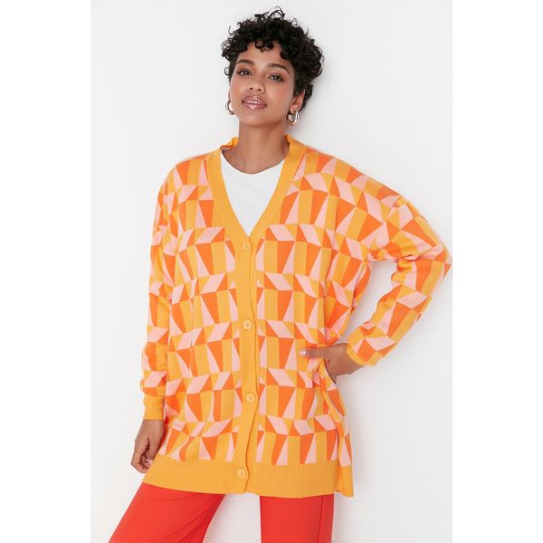 Trendyol Trendyol Orange Pink Geometric Patterned Button Detailed Knitwear Cardigan