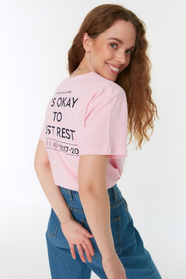 Trendyol Trendyol Pink Back Printed Semi-Fitted Knitted T-Shirt