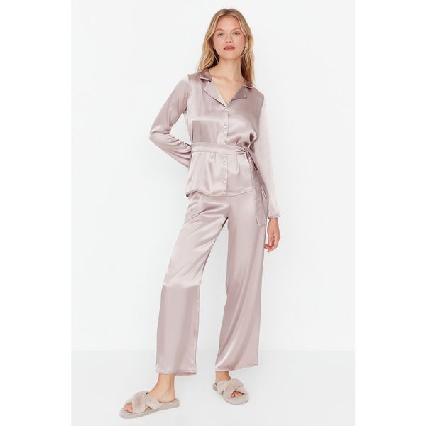 Trendyol Trendyol Pink Belted Satin Woven Pajamas Set