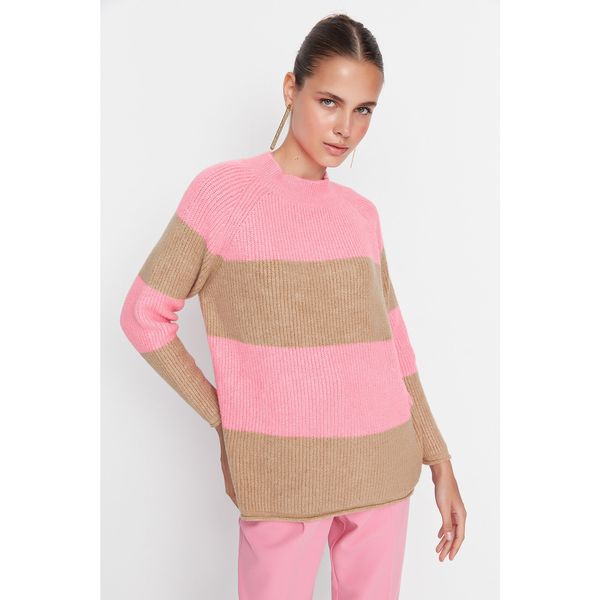 Trendyol Trendyol Pink Color Block Stand Up Collar Knitwear Sweater