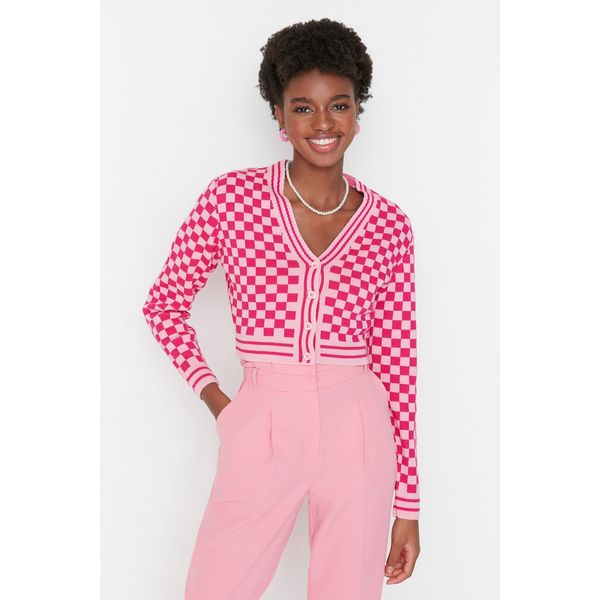 Trendyol Trendyol Pink Crop Square Patterned Knitwear Sweater