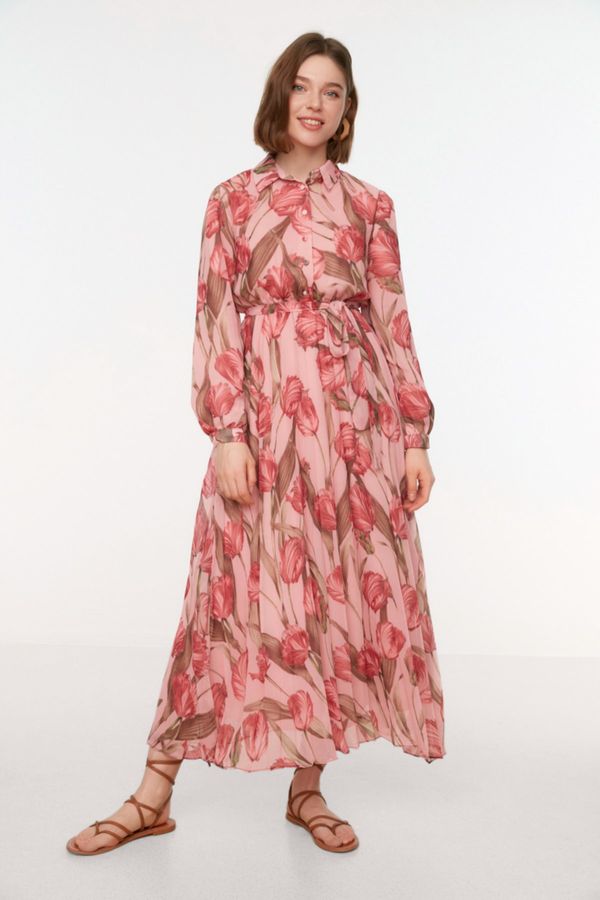 Trendyol Trendyol Pink Floral Pattern Belted Shirt Collar Chiffon Woven Dress