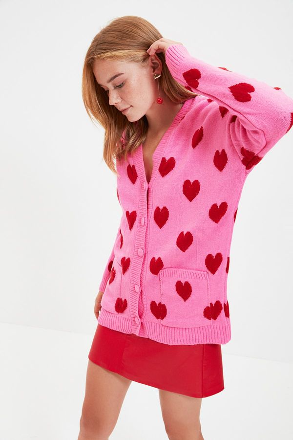 Trendyol Trendyol Pink Heart Jacquard Pocket Knitwear Cardigan