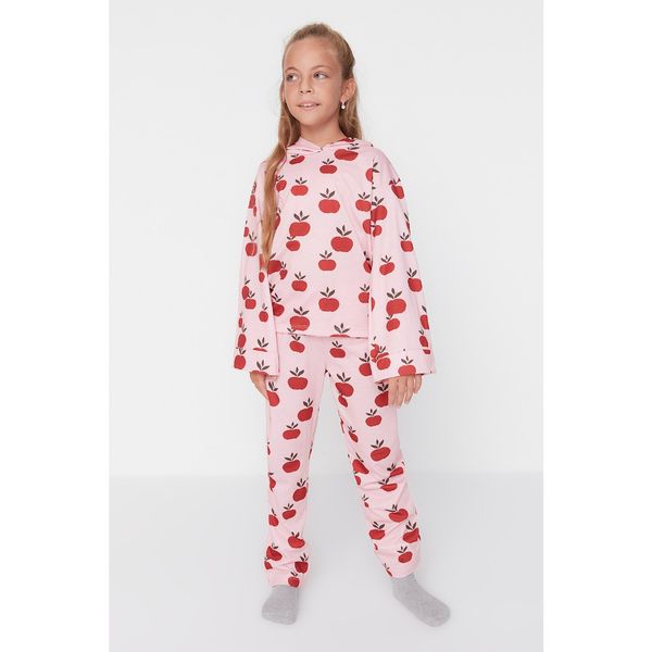 Trendyol Trendyol Pink Hooded Printed Girls' Knitted Pajamas Set
