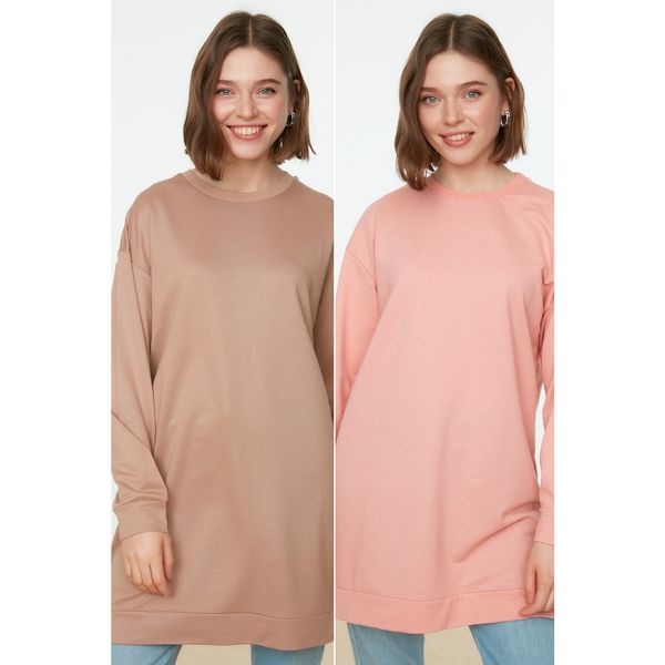 Trendyol Trendyol Pink-Mink Crew Neck Slit Detailed 2-Pack Knitted Sweatshirt
