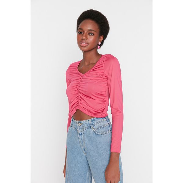Trendyol Trendyol Pink Pleated Crop Knitted Blouse
