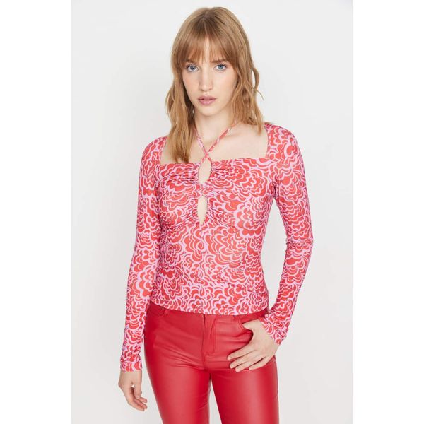 Trendyol Trendyol Pink Printed Piping Detailed Knitted Blouse