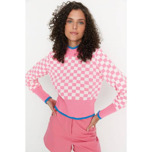 Trendyol Trendyol Pink Stand Up Collar Jacquard Knitwear Sweater