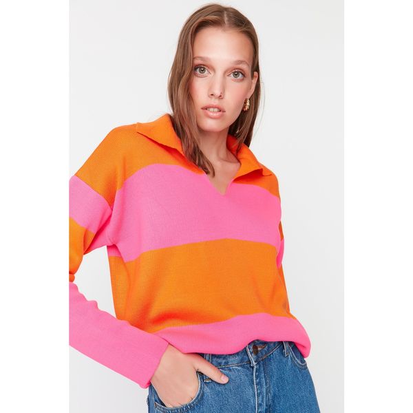 Trendyol Trendyol Pink Striped Polo Collar Knitwear Sweater