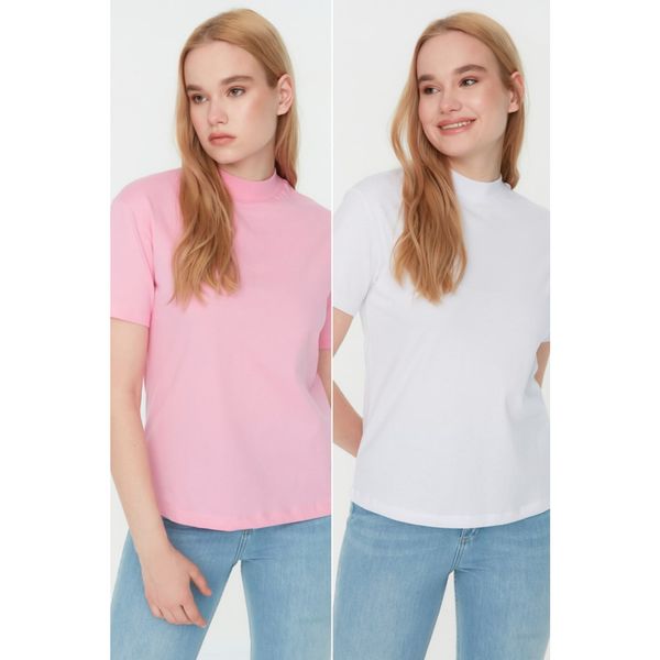 Trendyol Trendyol Pink-White Stand Up Collar 2-Pack Basic Knitted T-Shirt