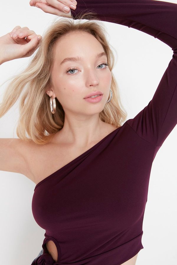 Trendyol Trendyol Plum One Shoulder Fitted Crop Knitted Blouse