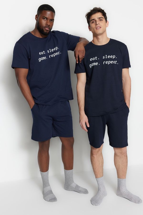 Trendyol Trendyol Plus Size Pajama Set - Navy blue - With Slogan