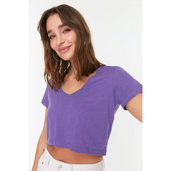 Trendyol Trendyol Purple 100% Cotton Single Jersey V Neck Crop Knitted T-Shirt