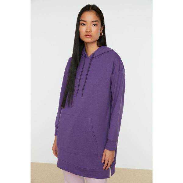 Trendyol Trendyol Purple Hooded Pocket Slit Detailed Knitted Sweatshirt