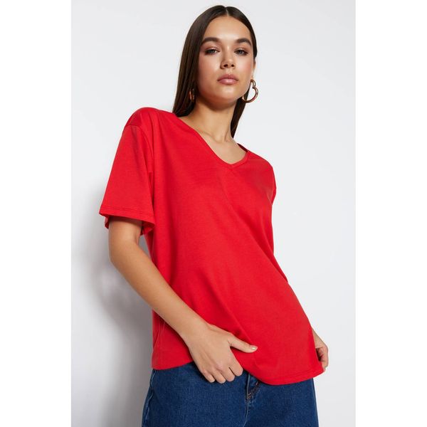 Trendyol Trendyol Red 100% Cotton Single Jersey V Neck Boyfriend Knitted T-Shirt