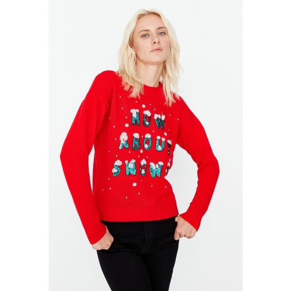 Trendyol Trendyol Red Christmas Themed Embroidery Detailed Knitwear Sweater