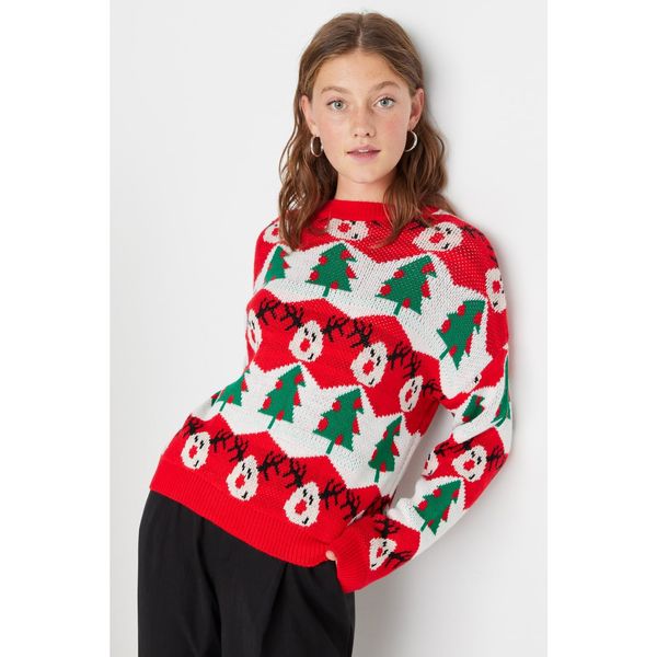 Trendyol Trendyol Red Christmas Themed Patterned Oversize Knitwear Sweater