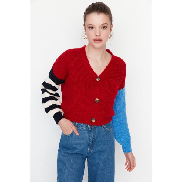 Trendyol Trendyol Red Color Block Button Detailed Knitwear Cardigan