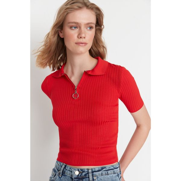 Trendyol Trendyol Red Crop Zipper Detailed Knitwear Blouse