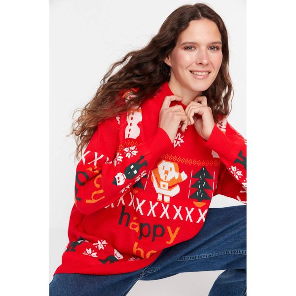 Trendyol Trendyol Red Patterned Christmas Themed Knitwear Sweater