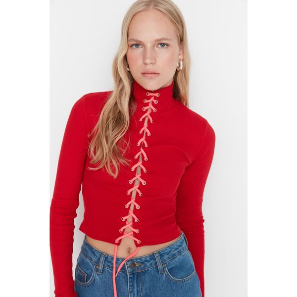 Trendyol Trendyol Red Ribbed Tie Detailed Fitted Knitted Blouse