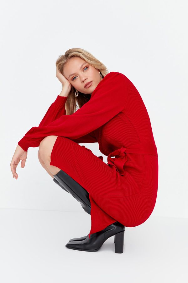 Trendyol Trendyol Red Sash Detailed Knitwear Dress