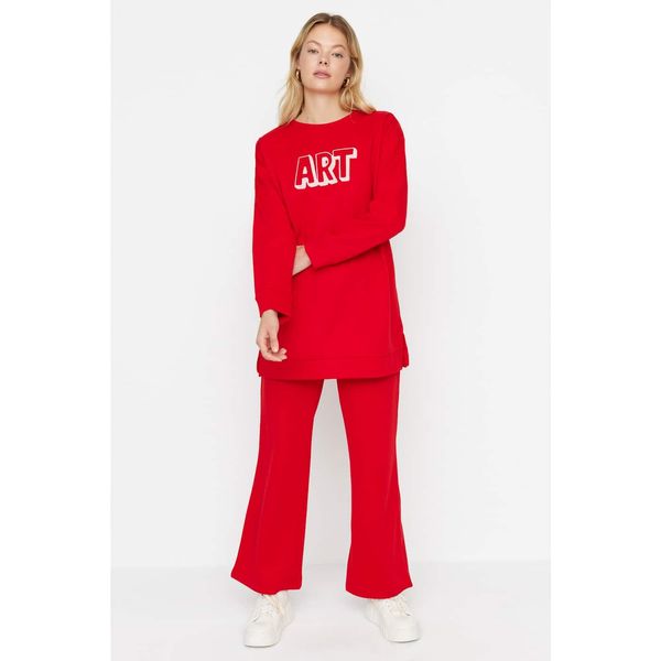 Trendyol Trendyol Red Slogan Printed Soft Feather Knitted Tracksuit Set