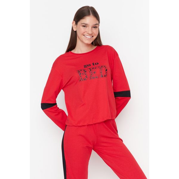 Trendyol Trendyol Red Stripe Detailed Slogan Printed Knitted Pajamas Set
