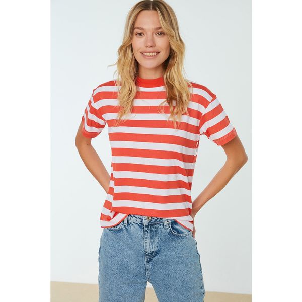 Trendyol Trendyol Red Striped Basic Stand Up Collar Knitted T-Shirt