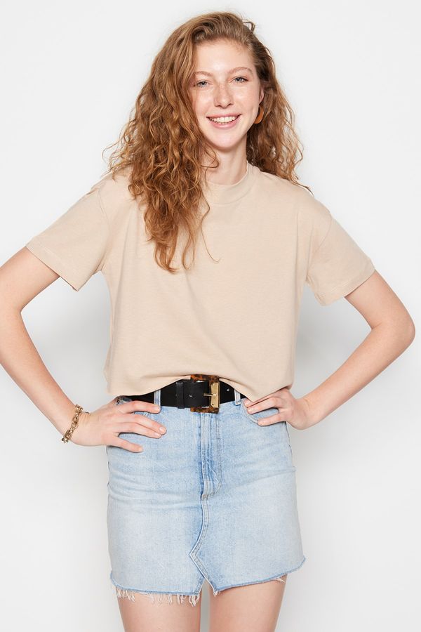 Trendyol Trendyol Stone Upright Collar Crop Dzianted T-Shirt