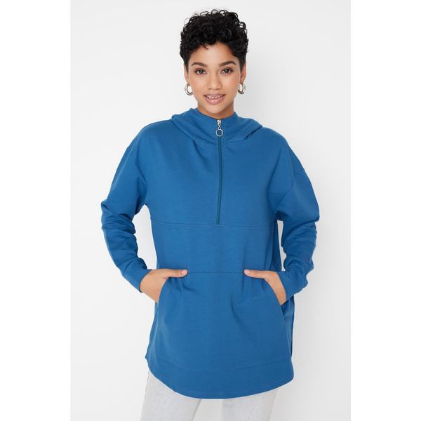 Trendyol Trendyol Turquoise Hooded Zippered Thick Fluffy Knitted Sweatshirt