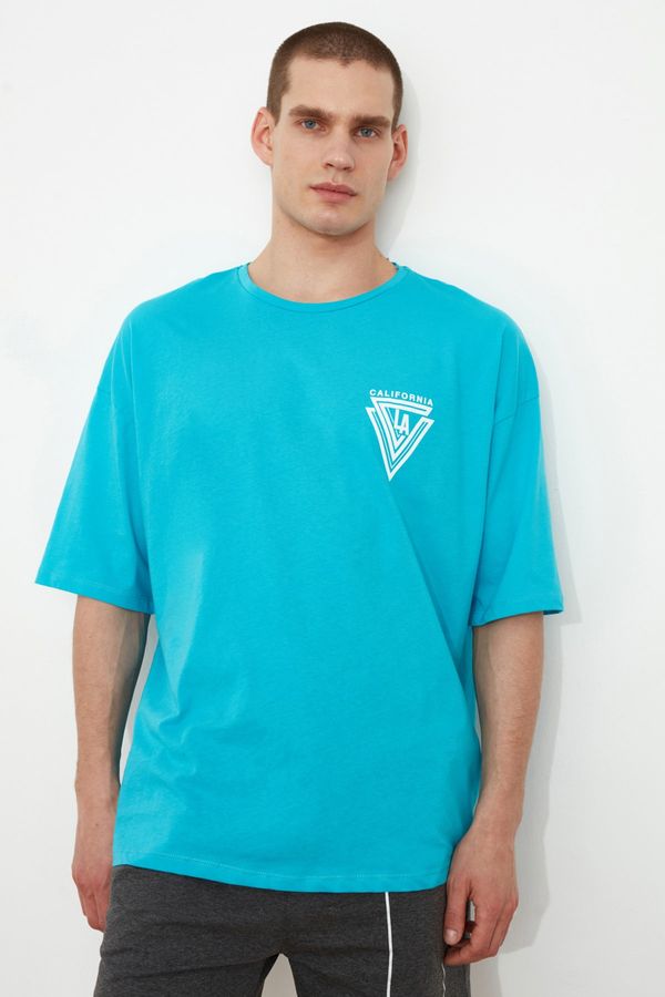 Trendyol Trendyol Turquoise Męska koszulka z nadrukiem oversize z krótkim rękawem