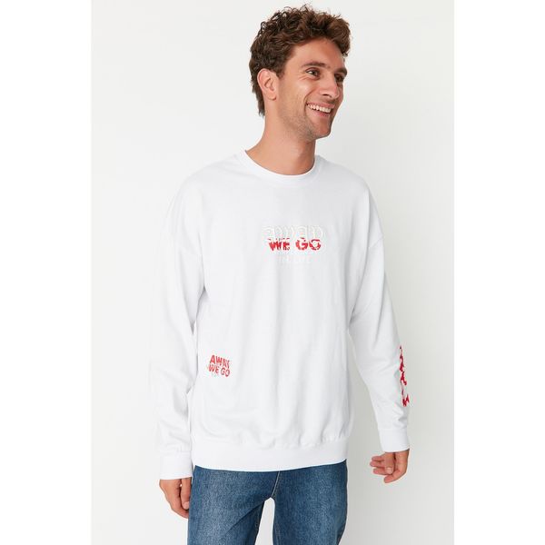 Trendyol Trendyol White Men's Oversize Fit Crew Neck Printed Sweatshirt