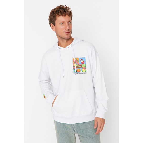 Trendyol Trendyol White Men's Oversize Fit Hoodie Fun Printed Sweatshirt