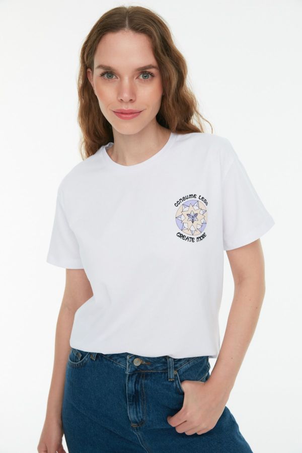 Trendyol Trendyol White Printed Semi-fitted Knitted T-Shirt