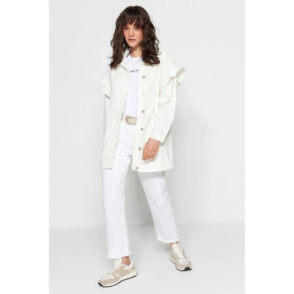 Trendyol Trendyol White Ruffle Detailed Denim Jeans Jacket