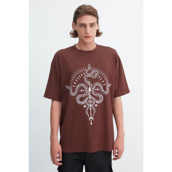 Trendyol Trendyol X Zeynep Tosun Brown Men's Crew Neck Oversize Printed T-shirt