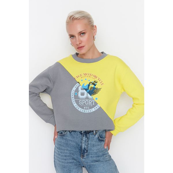 Trendyol Trendyol Yellow Color Block Loose Raised Knitted Sweatshirt