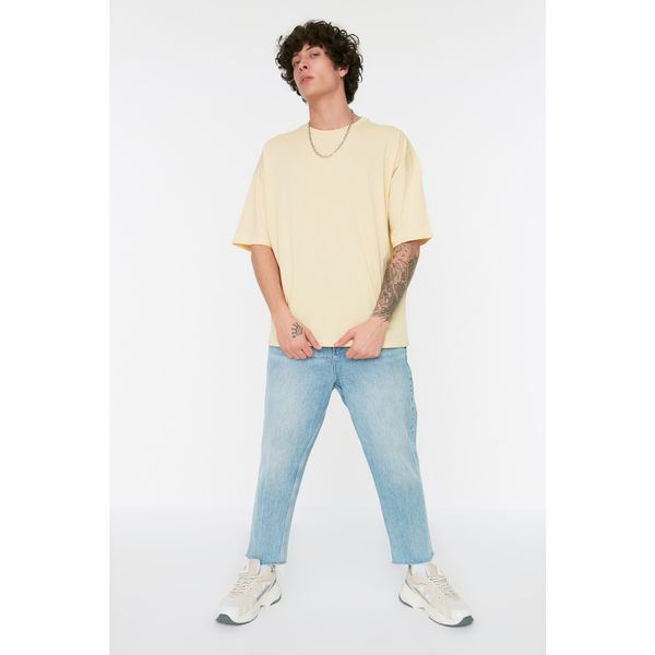 Trendyol Trendyol Yellow Men's Oversize Fit 100% Cotton Crew Neck Short Sleeve Printed T-Shirt